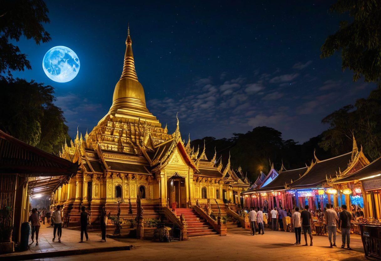 A captivating scene showcasing the contrast between traditional Burmese temples, adorned with intricate gold details and vibrant murals, alongside a lively nightlife scene filled with colorful neon lights and bustling crowds. Mingle locals enjoying traditional performances while trendy bars and clubs illuminate the background. The image highlights the rich cultural heritage and modern vibrancy of Myanmar. super-realistic. vibrant colors. night setting.