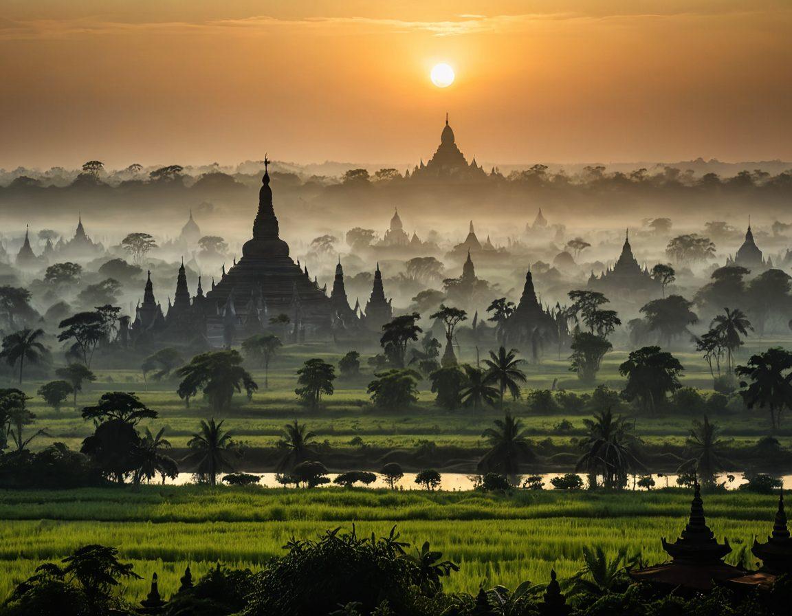A surreal fusion of vibrant landscapes and iconic landmarks of Myanmar, such as the Shwedagon Pagoda and lush green fields, intertwined with subtle elements of adult content like an artistic silhouette in the foreground. The atmosphere is mysterious and enchanting, blending scenes of bustling travelers and intimate moments. Soft and ethereal lighting adds to the duality theme. super-realistic. vibrant colors. abstract background.