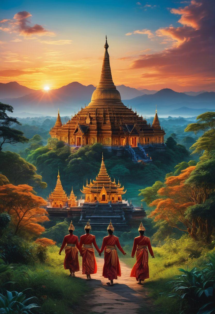 A vibrant collage showcasing the cultural richness of Myanmar, featuring ornate temples, traditional dancers in colorful attire, a serene landscape with golden pagodas under a clear blue sky, and subtle hints of nighttime adult entertainment with neon lights. The imagery should evoke both tranquility and intrigue, blending the beauty of Myanmar with an adventurous nightlife atmosphere. super-realistic. vibrant colors. 3D.